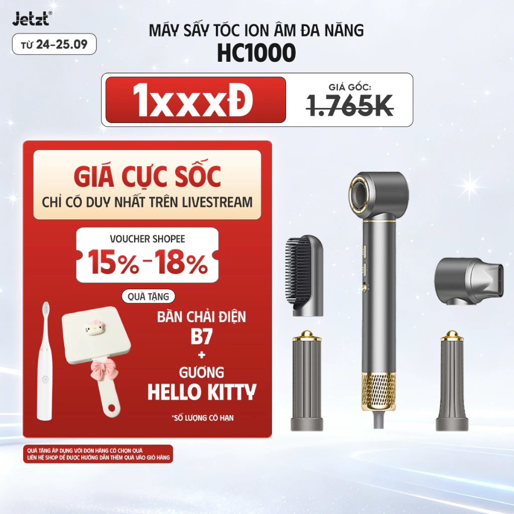 Máy sấy tóc ion âm 5in1 Jetzt HC1000 sấy nhanh tạo kiểu bảo vệ tóc công suất 1300W