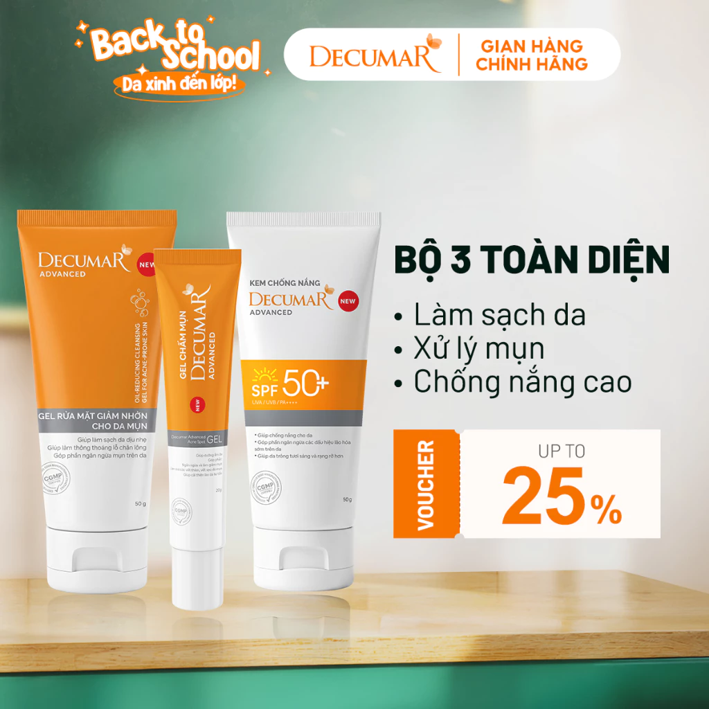 Combo Decumar Advanced gồm 1 Gel ngừa mụn, 01 Gel rửa mặt, 01 kem chống nắng giành cho da mụn - DCM20, DGR50, DAN50