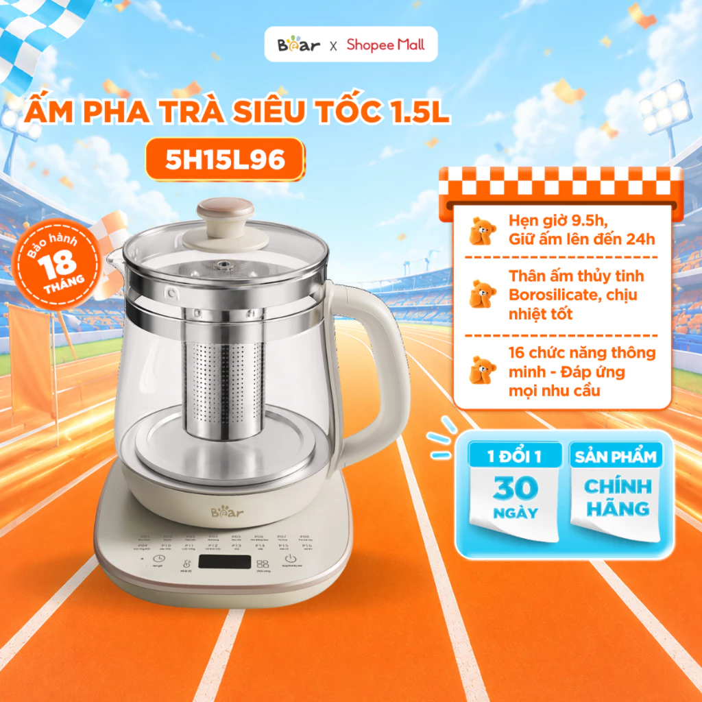 Ấm Điện Pha Trà BEAR 1.5L, Bình Pha Trà Thuỷ Tinh Có Lõi Lọc Ấm Pha Trà Siêu Tốc Đa Năng Giữ Nhiệt 24H HK-5H15L96