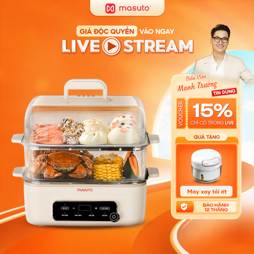 Nồi Lẩu Hấp Điện Đa Năng 3in1 Masuto MSSteam 14,5L 1500W, Vừa Nấu Lẩu, Hấp, Hầm, Hấp Gà Nguyên Con, Tặng Xay Tỏi Ớt