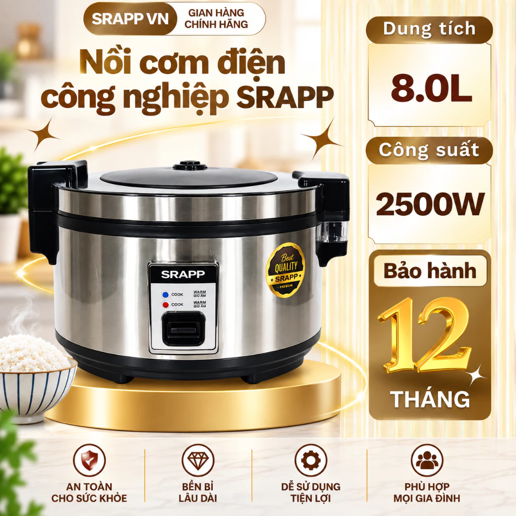 Nồi cơm điện công nghiệp SRAPP công suất 2500W, Nồi cơm lớn chống dính 3 lớp cao cấp, bảo hành 12T.