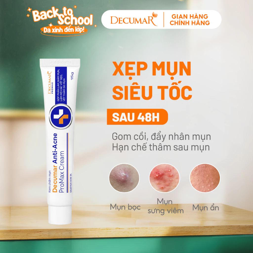 Kem bôi chấm giảm mụn sưng viêm, mụn đỏ, mụn đầu đen Decumar Promax chứa BHA LHA, hỗ trợ giảm thâm mụn, gom cồi, xẹp mụn
