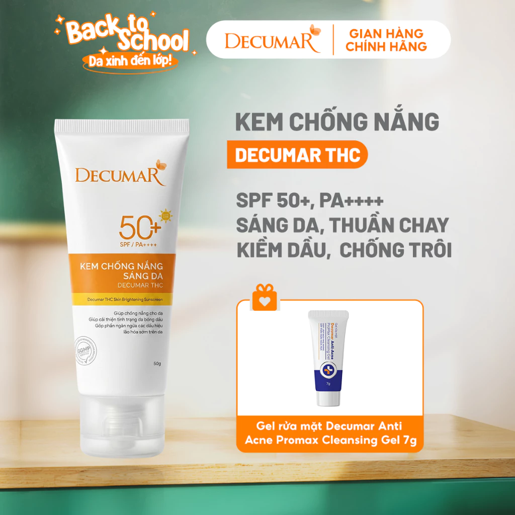 Kem chống nắng sáng da kiềm dầu cho da mụn, nâng tone Suncream Decumar THC SPF 50+ PA+++ chính hãng, chống trôi