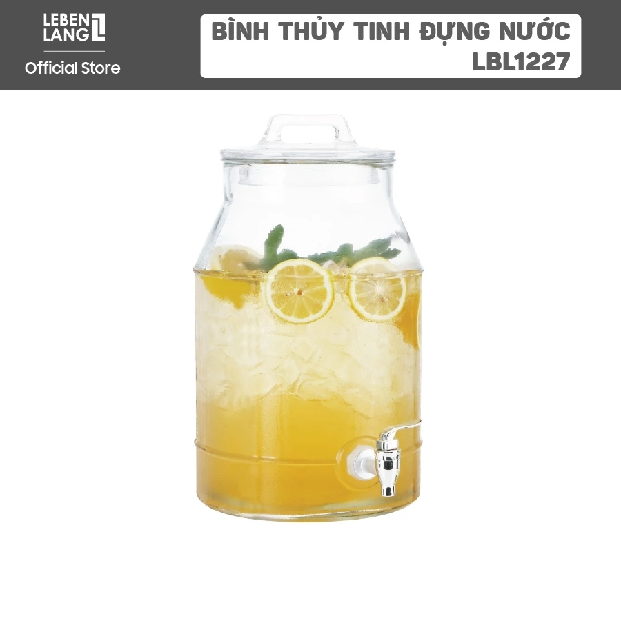 Bình Thủy Tinh 7.6L Lebenlang LBL1227 Có Vòi, Nắp Quai Cầm, Đựng Nước – Trà Trái Cây, chính hãng