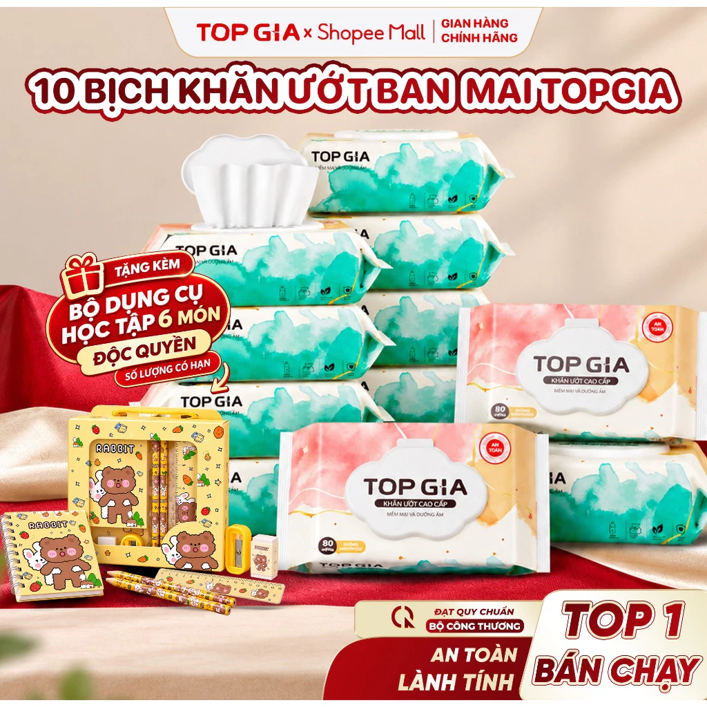 [TẶNG BỘ HỌC TẬP]Khăn ướt Topgia cao cấp mềm mại không cồn không parabens, an toàn cho bé