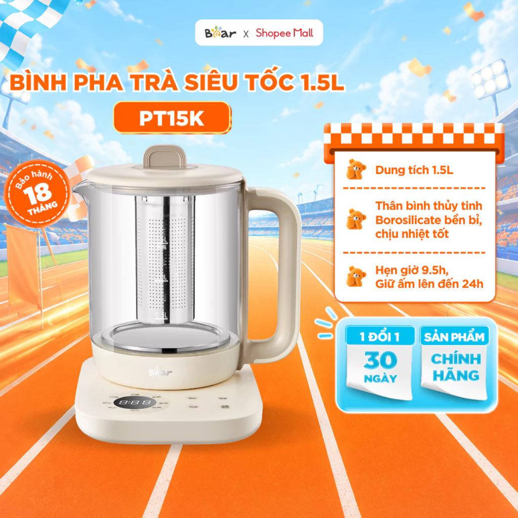 [KOL] Bình Pha Trà Bear 1 5L, Ấm Đun Nước Giữ Nhiệt Hẹn Giờ Có Lưới Lọc Pha Trà Pha Sữa Khử Clo SB-PT15K