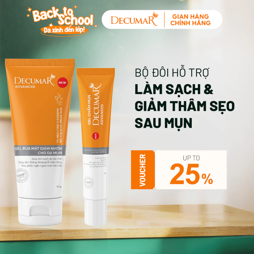 Bộ đôi 1 Gel ngừa mụn Nano Curcumin và 1 Gel rửa mặt giảm nhờn cho da mụn Decumar - DGR50, DCA01