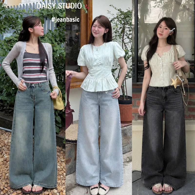 Quần jean nữ Xanh Ánh Bạc ống suông rộng Cao Cấp Daisy, quần jeans Wash Smoke vải denim phong cách Retro Hàn Quốc 2025