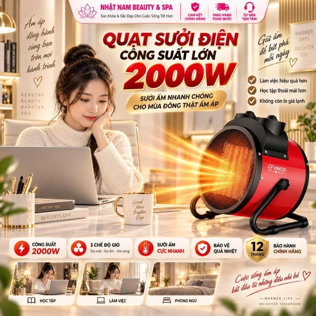 Quạt Sưởi Điện Để Bàn Công Suất Lớn 2000W, Làm Ấm Cực Nhanh, Kết Cấu Kim Loại Chắc Chắn, Hoạt Động Mạnh Mẽ, Bền Bỉ