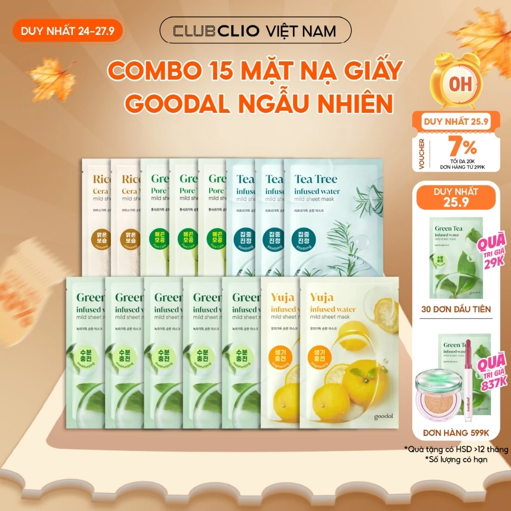[Săn Deal][10 miếng/15 miếng/20 miếng] Combo Mặt Nạ Goodal Dưỡng Da Đều Màu Infused Water Mild Sheet Mask 20g