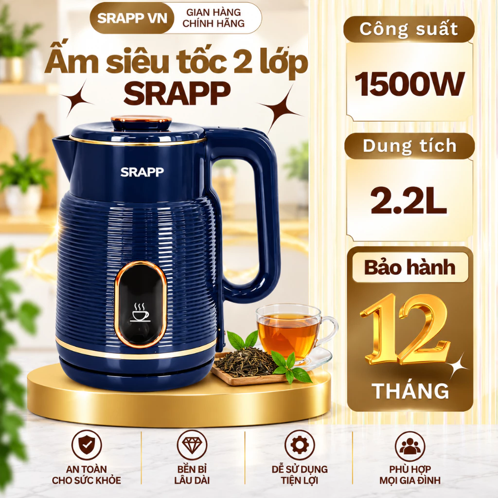 Ấm siêu tốc SRAPP ST-255, Dung tích 2.2L, Công suất 1500W tự động ngắt khi sôi, bảo hành 12 tháng.