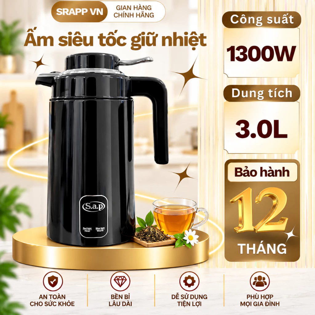 Ấm siêu tốc giữ nhiệt Sap dung tích 3L, Công suất lớn 1500W tự động ngắt khi sôi, Bảo hành 12 tháng.