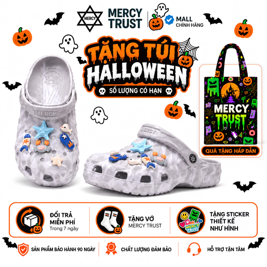[TẶNG TÚI HALLOWEEN] Kèm Sticker, Vớ - Dép MERCY TRUST Kim Cương MC11 Grey Bigsize 34 - 44-45 Chất Liệu Êm Nhẹ