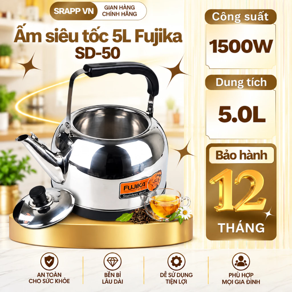 Ấm siêu tốc 5 lít Fujika tự ngắt khi sôi, công suất 1500W sôi cực nhanh, Bảo hành 12 tháng.