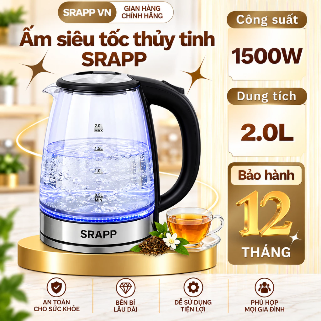 Ấm đun siêu tốc thủy tinh Srapp 204A dung tích 2L, Công suất 1500W có đèn LED tự động ngắt khi sôi