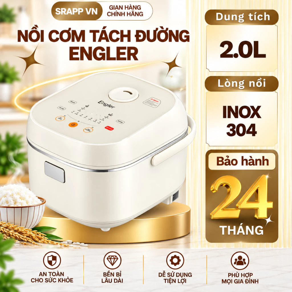 Nồi cơm điện tách đường ENGLER EL9102 dung tích 2L, 12 chức năng nấu, Lòng nồi Inox 304 cao cấp.