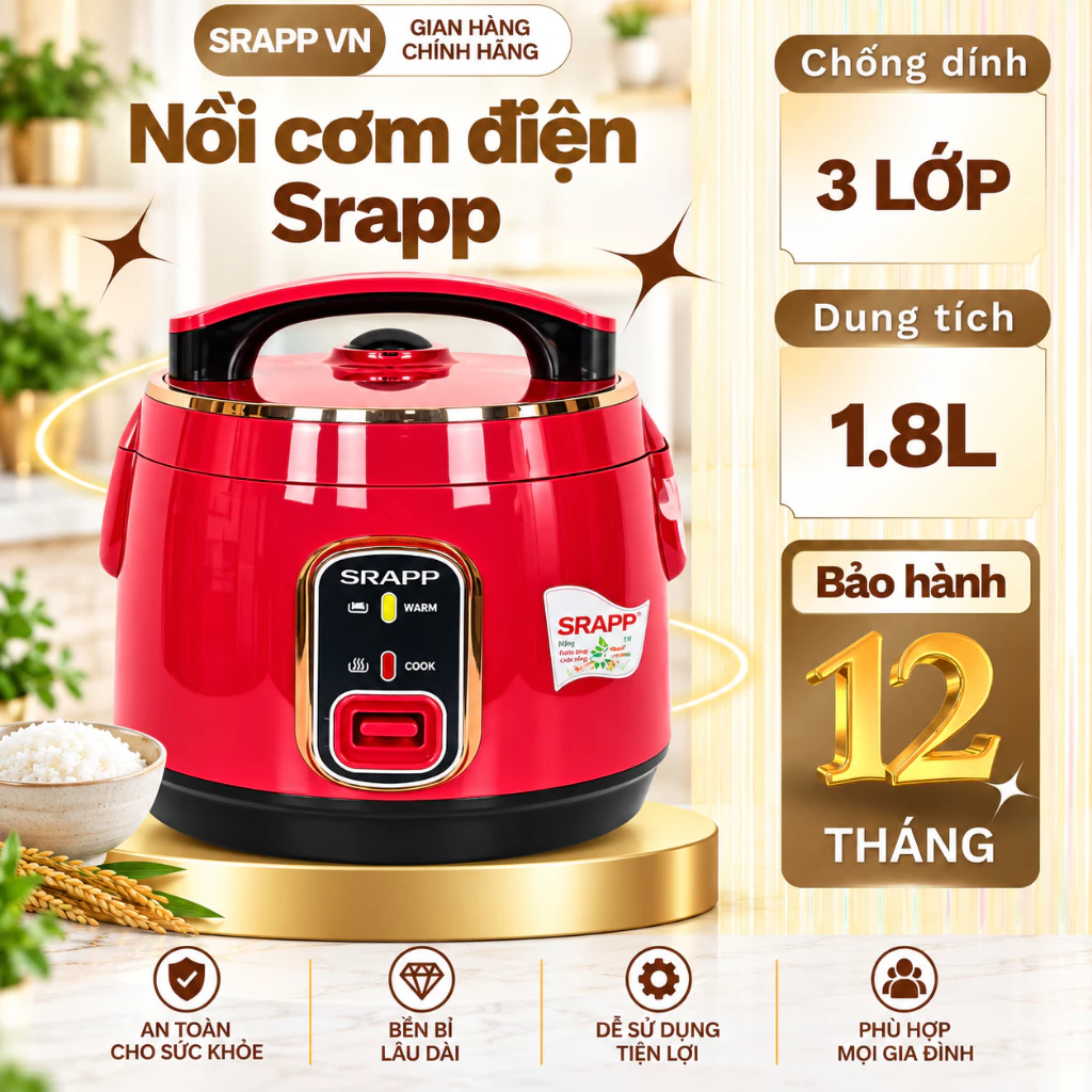 Nồi cơm điện SRAPP dung tích 1.2L-1.8L, Nồi cơm thế hệ mới thiết kế sang trọng, Chống dính cực tốt.