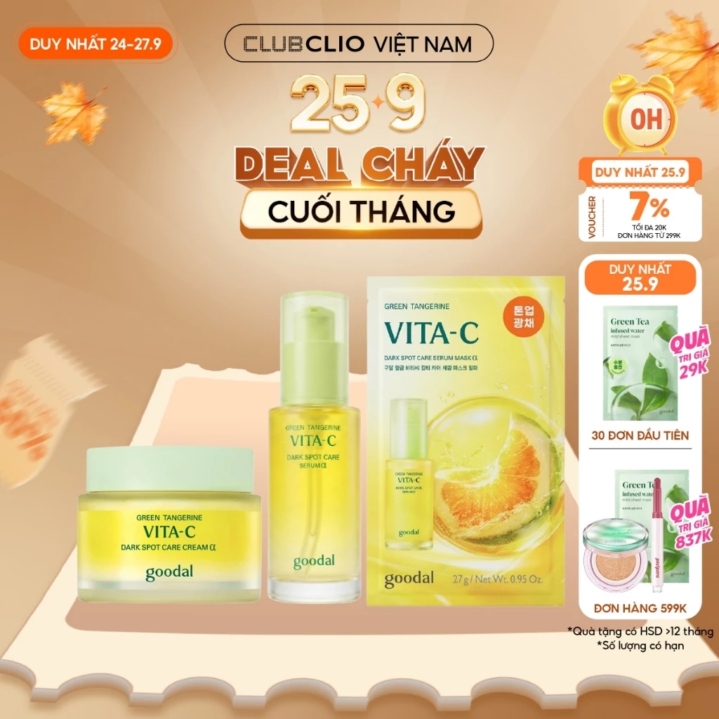 [Săn Deal] Combo Goodal Dưỡng Da Đều Màu Green Tangerine Vita C (Serum 40ml + Kem Dưỡng + Mặt Nạ Giấy / Chống Nắng)