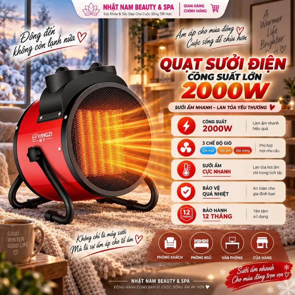 Quạt Sưởi Để Bàn Công Suất Lớn, Quạt Sưởi Điện 3 Chế Độ Gió, Làm Ấm Cực Nhanh, Bảo Vệ Quá Nhiệt, Hoạt Động Mạnh Mẽ
