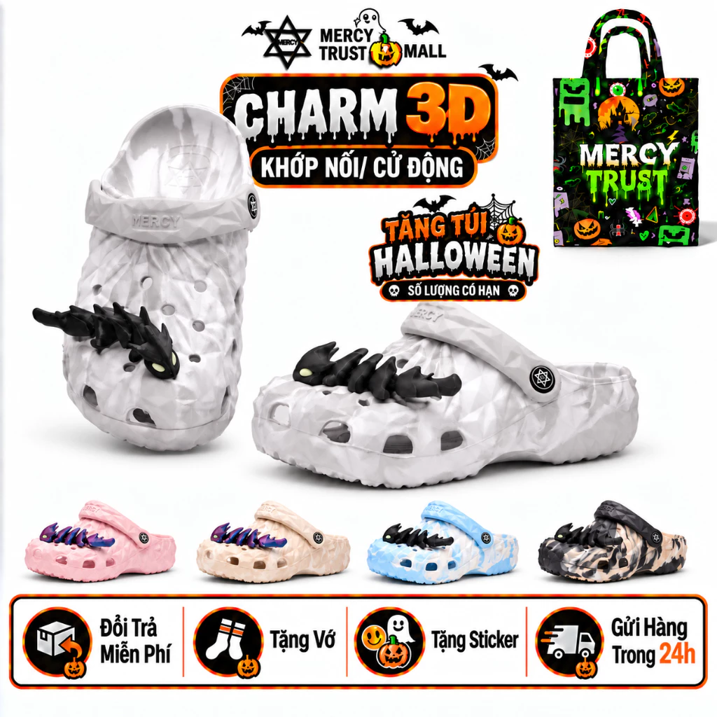 [TẶNG TÚI HALLOWEEN] Kèm Sticker 3D Rồng, Vớ - Dép Sục MERCY TRUST Kim Cương R01 Đúc Vân Đá Marble Nam Nữ