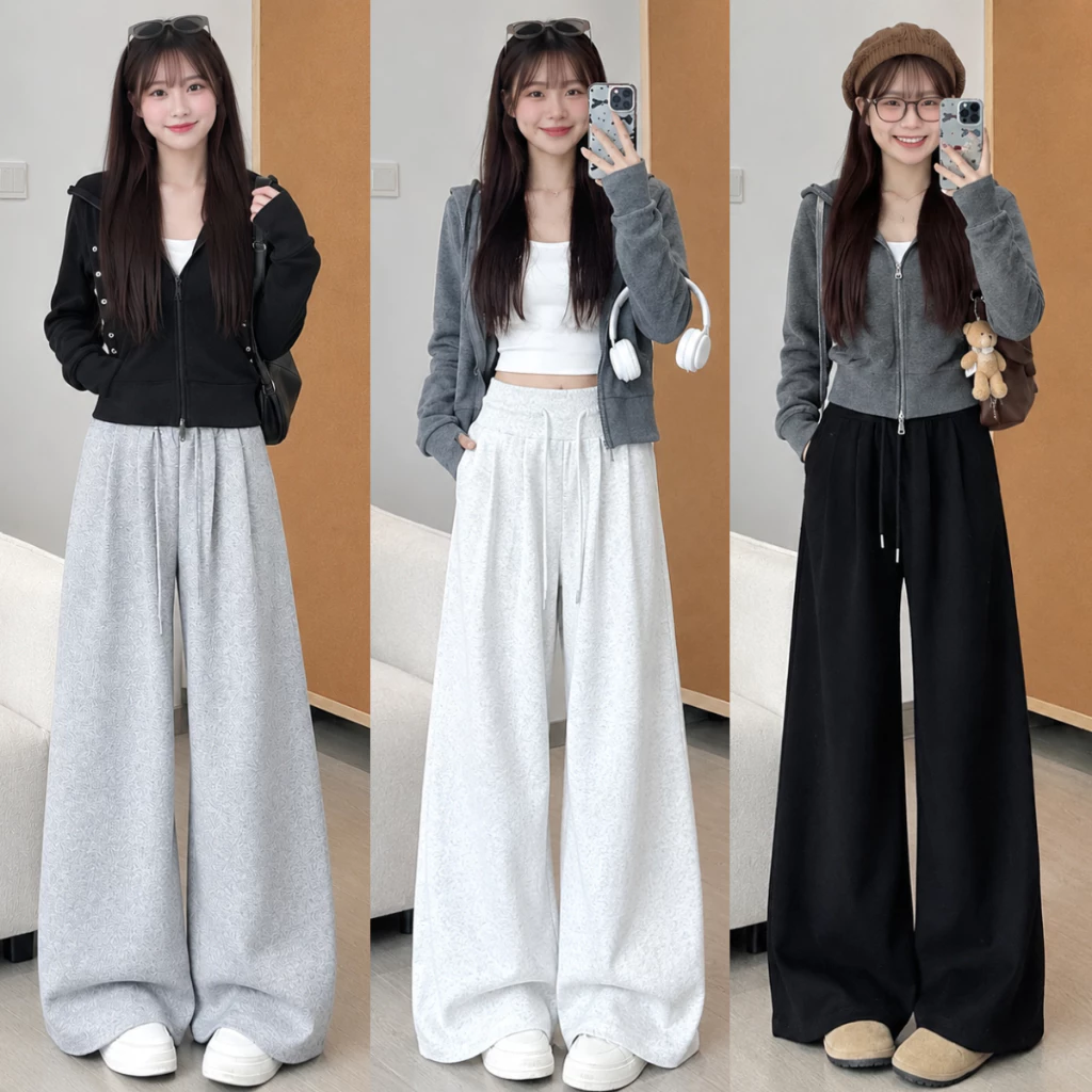 Quần Nỉ ống suông RỘNG Nữ MIAA CẠP chun Bản to vải nỉ 2 da kèm dây rút điểu chỉnh cạp chun dễ dàng