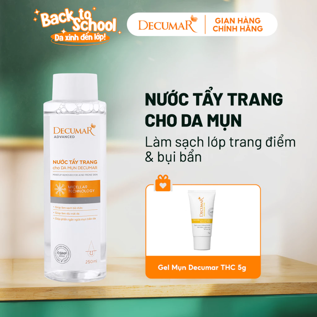 Nước tẩy trang Decumar cho da mụn, dịu nhẹ, làm sạch sâu, không cồn, pH 5.5, 250ml