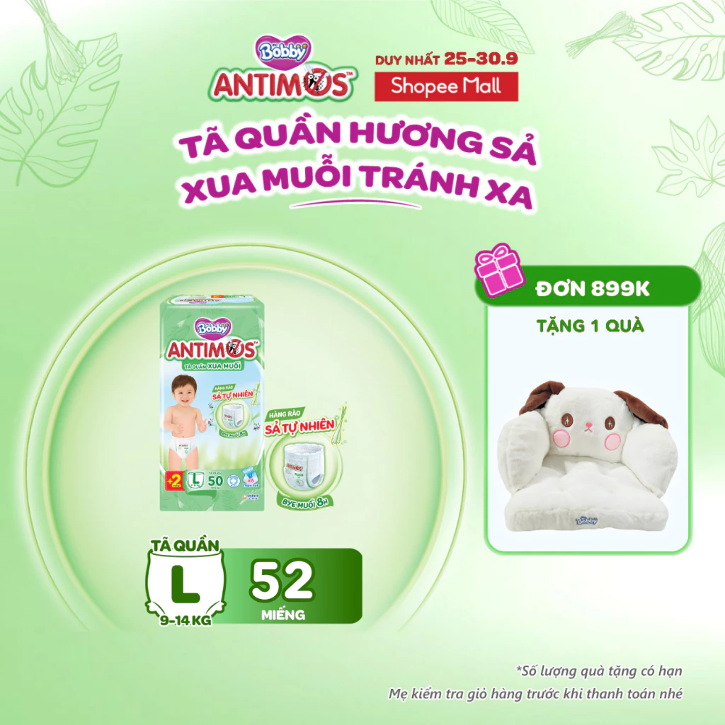 [MỚI] Tã Quần Xua Muỗi Bobby Antimos – Hàng rào Sả tự nhiên Bye Muỗi 8H - M52/L50+2/XL48+4/XXL46+6