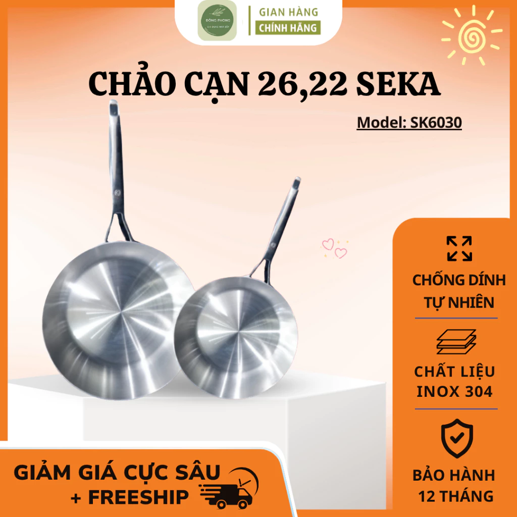 Chảo inox chống dính nông lòng Seka SK6030 , chảo inox nguyên khối 304 5 lớp dùng cho mọi loại bếp - Shop Đông Phong