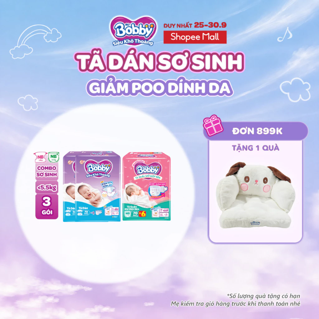 [TẶNG MIẾNG NGẪU NHIÊN] Combo sơ sinh gồm 02 gói Tã dán Bobby NB70 miếng và 01 gói Tã quần mở một bên NB70+6 miếng