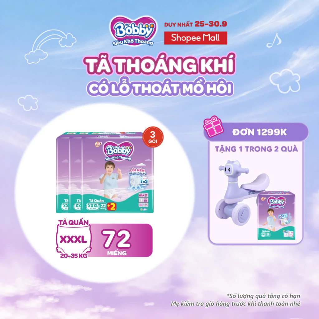 Combo 03 gói tã quần Bobby Siêu Khô Thoáng - 100% Thoáng Khí Jumbo S46/M42/L36/XL32/XXL28/3XL24