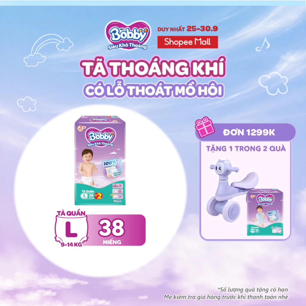 [TẶNG MIẾNG NGẪU NHIÊN] Tã quần Bobby Siêu Khô Thoáng - 100% Thoáng Khí Jumbo S46/M42/L36/XL32/XXL28/XXXL22