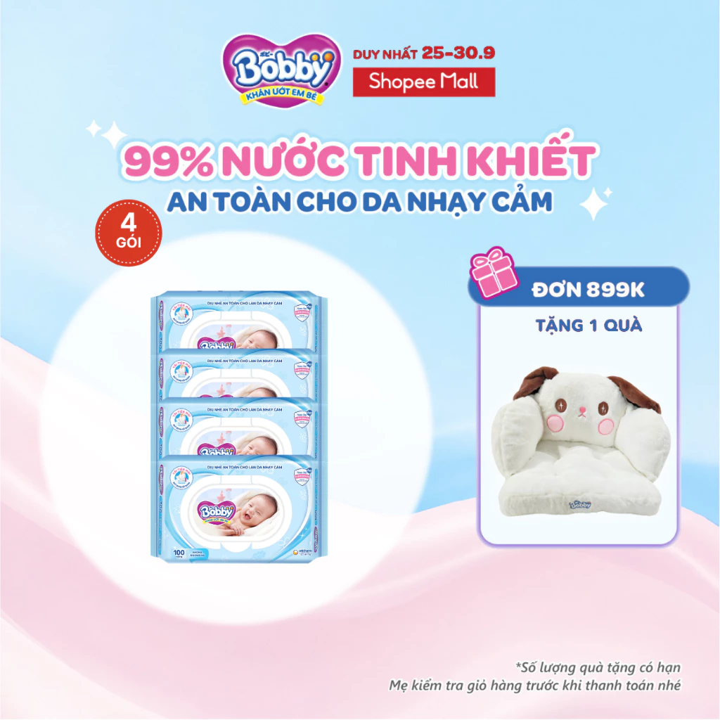 Bộ 4 gói Khăn ướt Bobby không mùi 100 tờ/gói (Xanh)