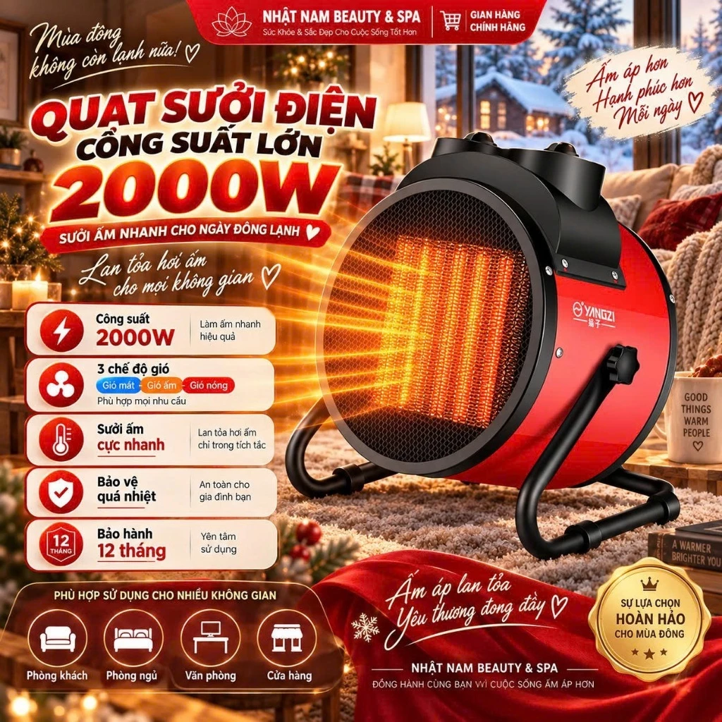 Máy Sưởi, Quạt Sưởi YANGZI Công Suất Lớn 2000W, Làm Ấm Cực Nhanh, Kết Cấu Chắc Chắn, Hoạt Động Mạnh Mẽ, Bền Bỉ
