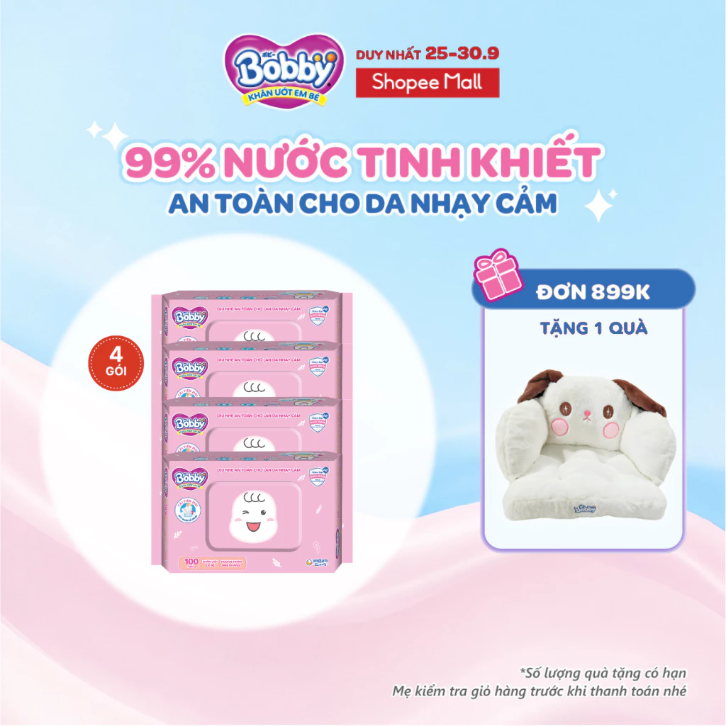 Bộ 4 gói Khăn ướt Bobby Care hương thơm nhẹ nhàng 100 tờ/gói (Hồng)