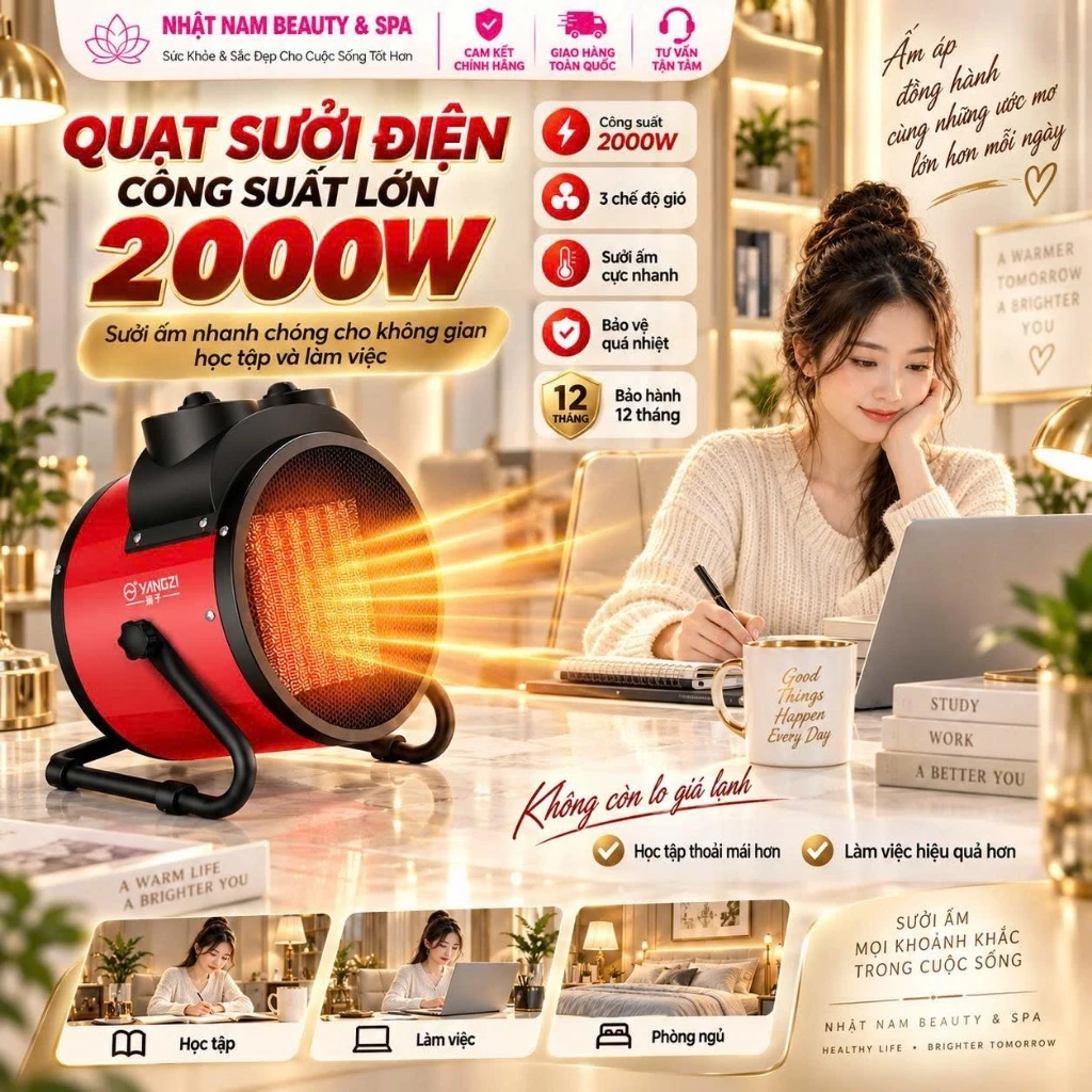 Máy Sưởi, Quạt Sưởi Ấm Mùa Đông Công Suất Lớn 2000W, Làm Ấm Cực Nhanh, Bảo Vệ Quá Nhiệt, Hoạt Động Bền Bỉ, Không Gây Ồn