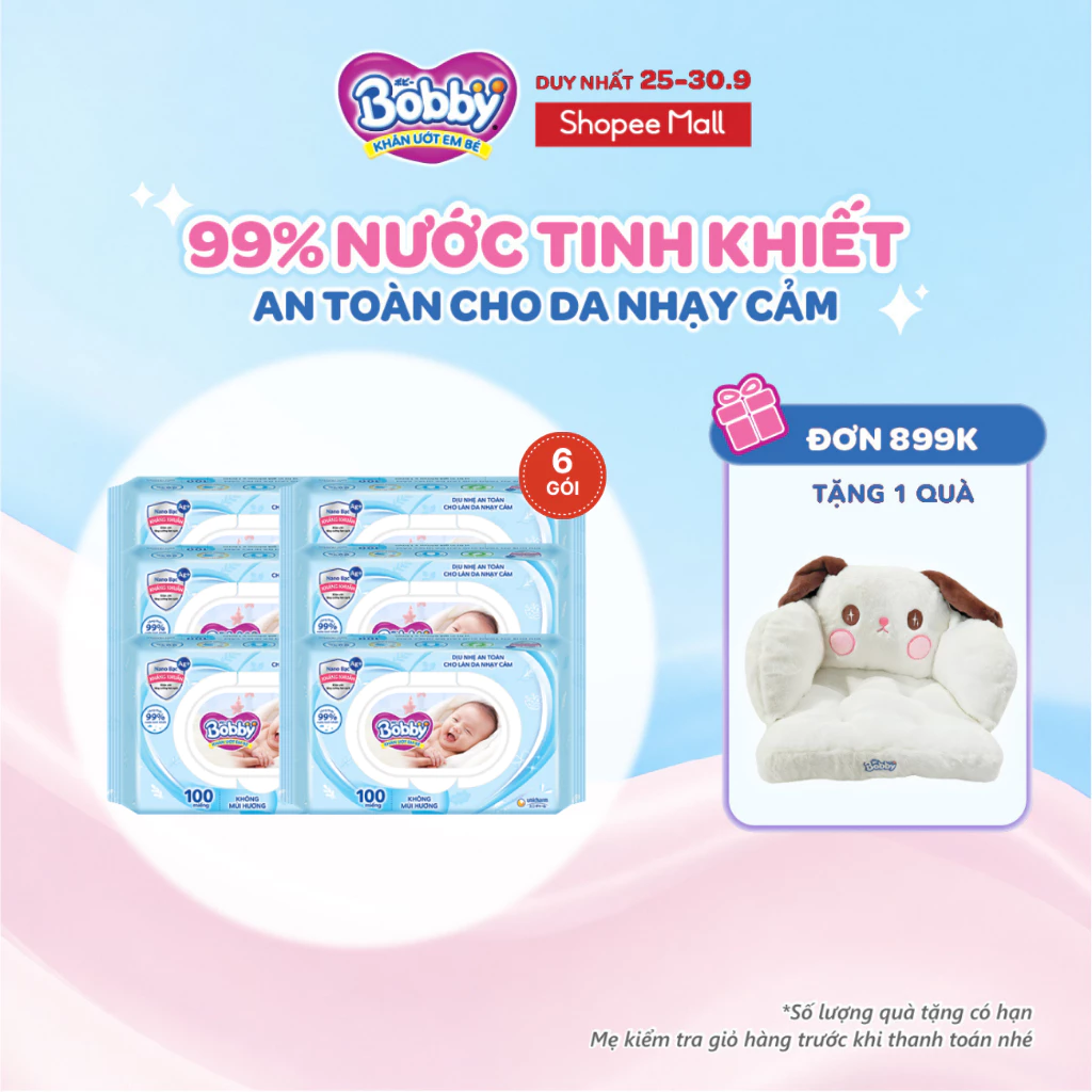 Bộ 6 gói Khăn ướt Bobby không mùi 100 tờ/gói (Xanh)