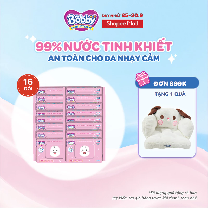 Thùng 16 Gói Khăn ướt Bobby Care hương thơm nhẹ nhàng 100 miếng/gói (Hồng)
