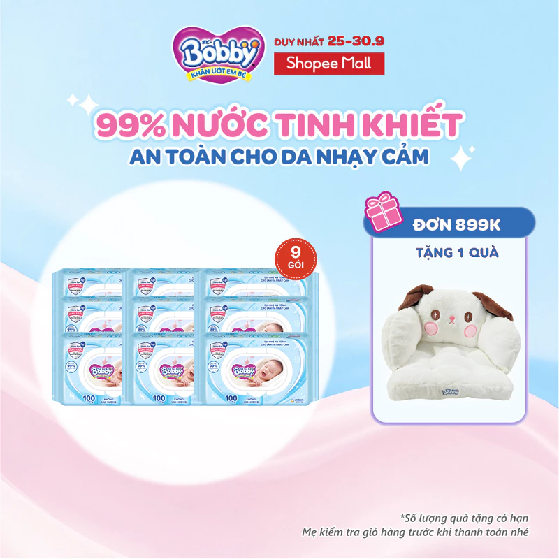 Combo 9 gói khăn ướt Bobby Care không hương 100 miếng/gói