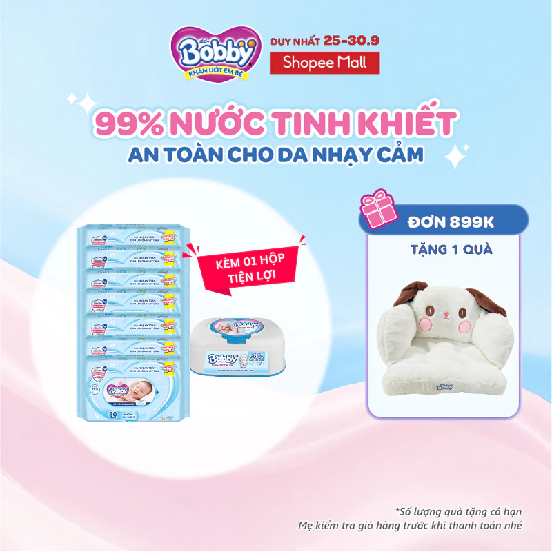 Combo 7 Gói Khăn ướt Bobby không mùi 80 miếng và 1 hộp khăn ướt tiện lợi