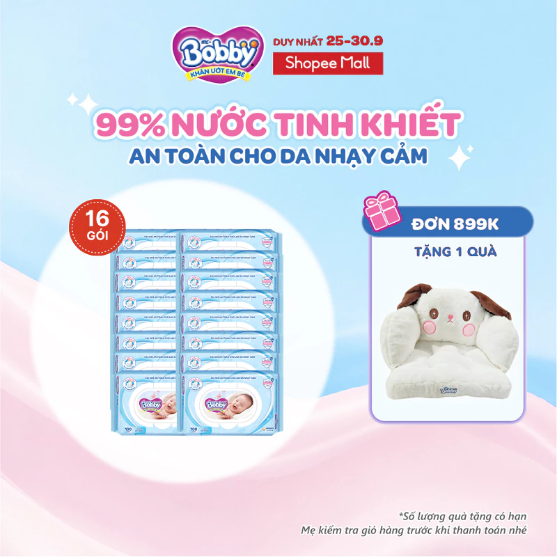 Thùng 16 Gói Khăn ướt Bobby không mùi 100 miếng/gói (Xanh)