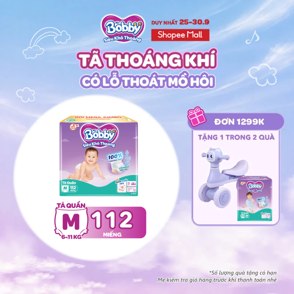 [TẶNG MIẾNG NGẪU NHIÊN] Tã quần Bobby Khô Thoáng - 100% Thoáng Khí Mega Jumbo  M112/L96/XL84/XXL76