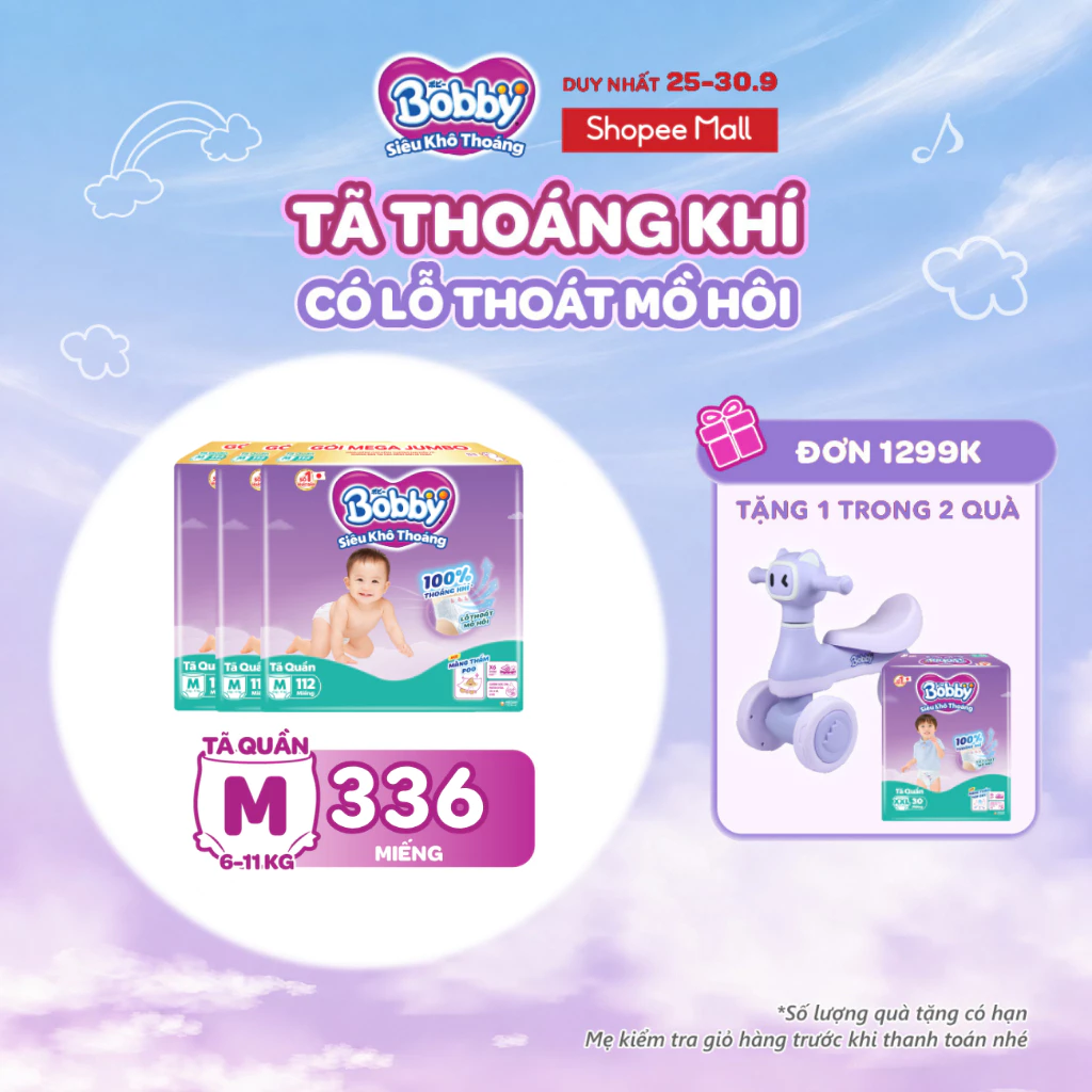[TẶNG MIẾNG NGẪU NHIÊN] Combo 3 tã quần Bobby Siêu Khô Thoáng - 100% Thoáng Khí Mega Jumbo M112/L96/XL84/XXL76