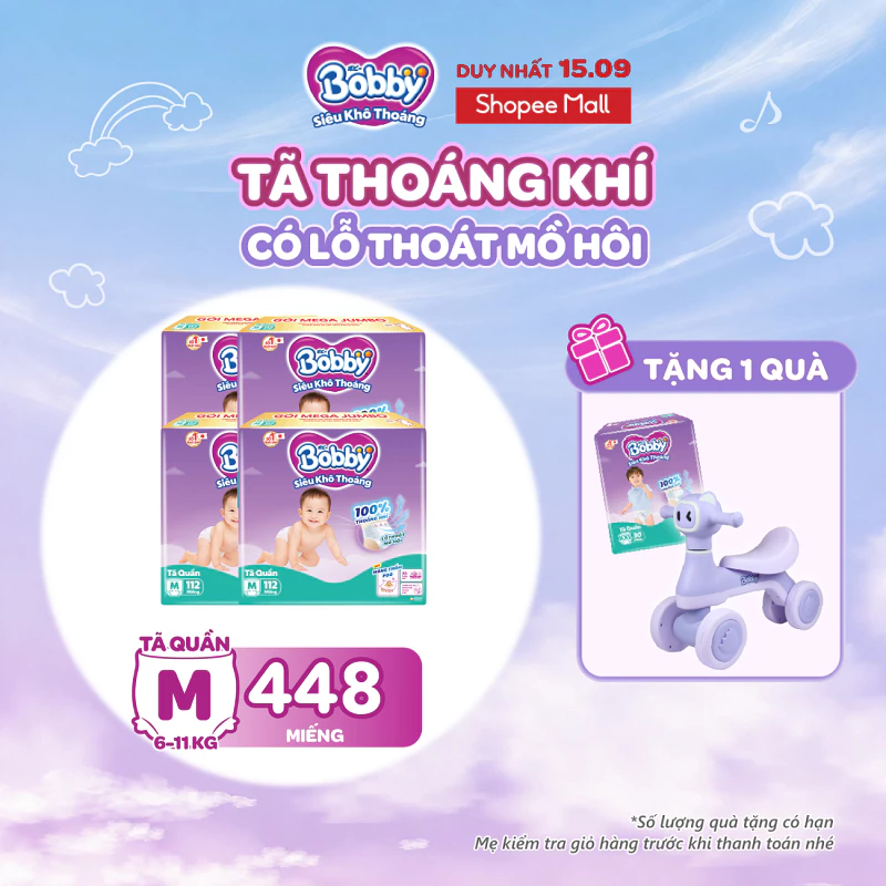 [TẶNG MIẾNG NGẪU NHIÊN] Combo 4 gói tã quần Bobby Siêu Khô Thoáng - 100% Thoáng Khí Mega Jumbo  M112/L96/XL84/XXL76
