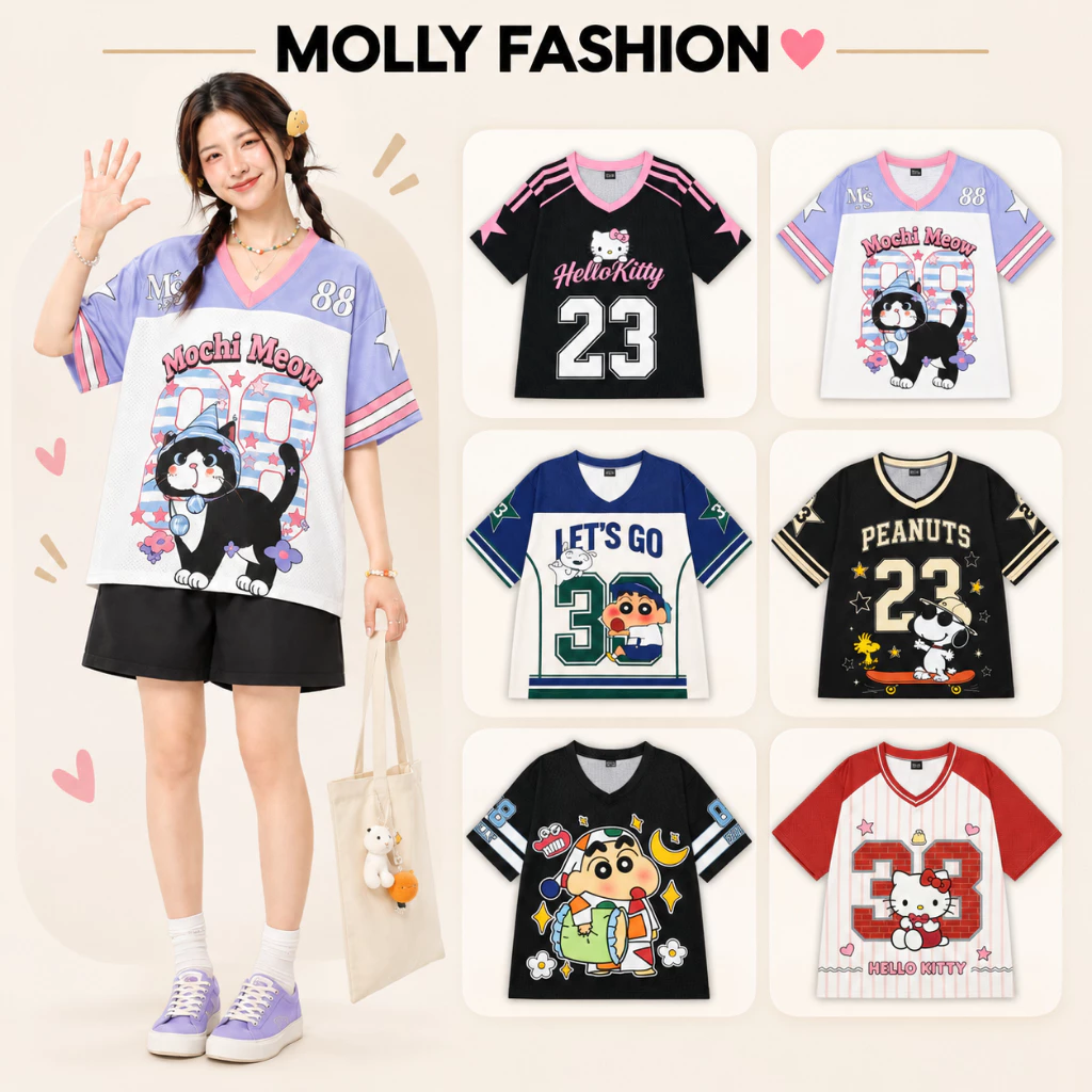 Áo thun Jersey MOLLY FASHION Unisex nam nữ form rộng vải lưới phong cách Streetwear A6