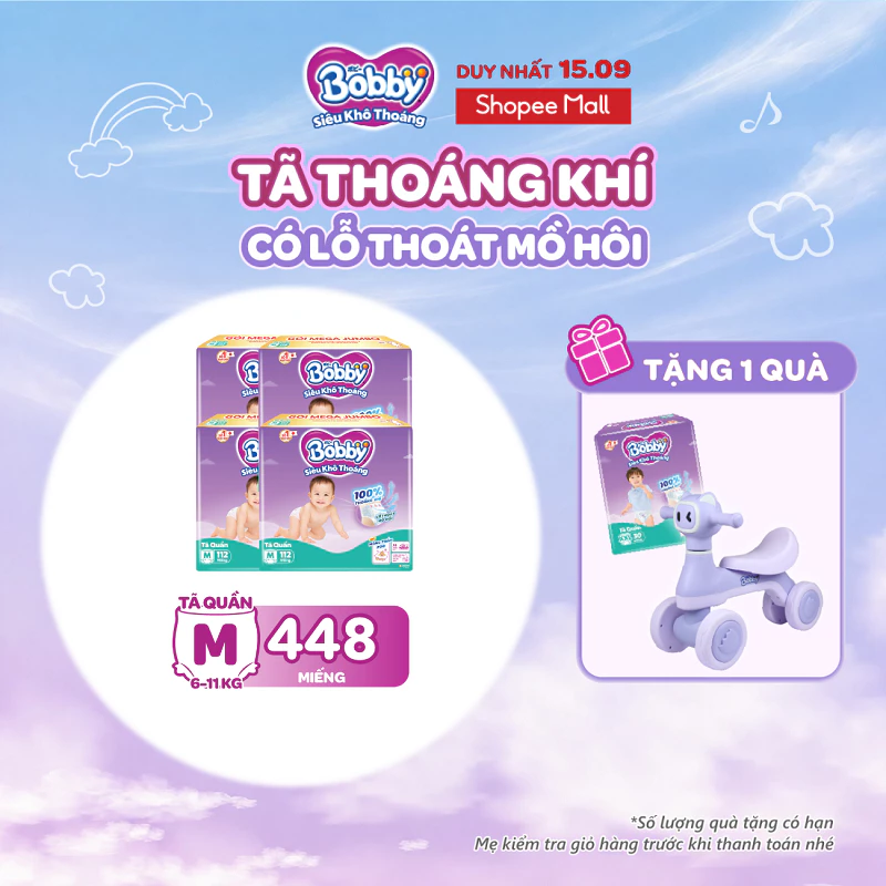 [TẶNG MIẾNG NGẪU NHIÊN] Combo 4 gói tã quần Bobby Siêu Khô Thoáng - 100% Thoáng Khí Mega Jumbo  M112/L96/XL84/XXL76