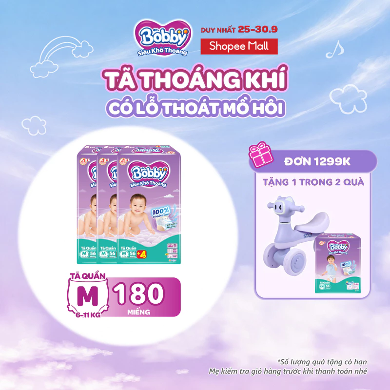 Combo 03 gói tã quần Bobby Siêu Khô Thoáng - 100% Thoáng Khí  Super Jumbo M56/L48/XL42/XXL38/XXXL29
