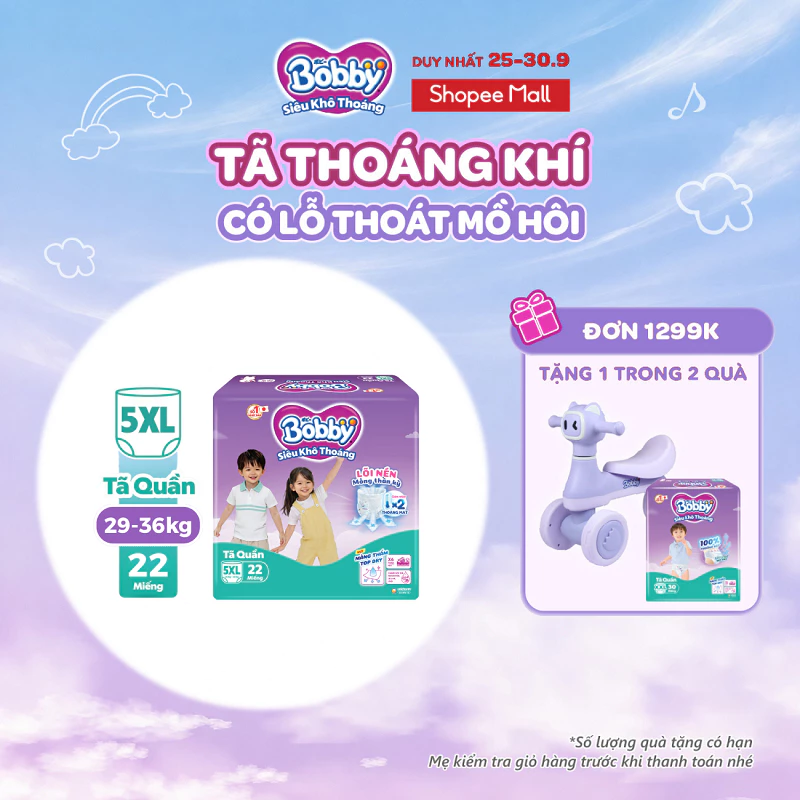 Tã quần Bobby Siêu Khô Thoáng - 100% Thoáng Khí Super Jumbo M56/L48/XL42/XXL38/3XL24/3XL31/4XL23/5XL22