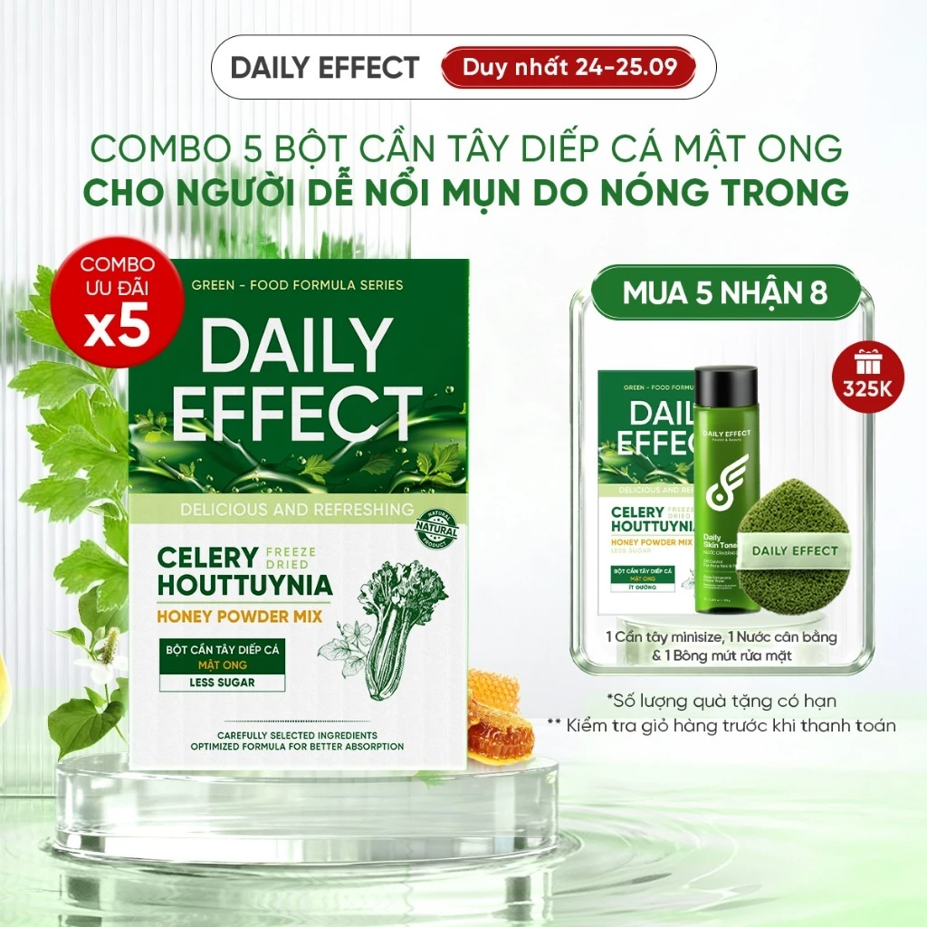 Combo x5 Bột Cần Tây Diếp Cá Mật Ong DAILY EFFECT Celery Houttuynia Honey Power Mix (Hộp 10 Gói x 4g x 5 hộp)