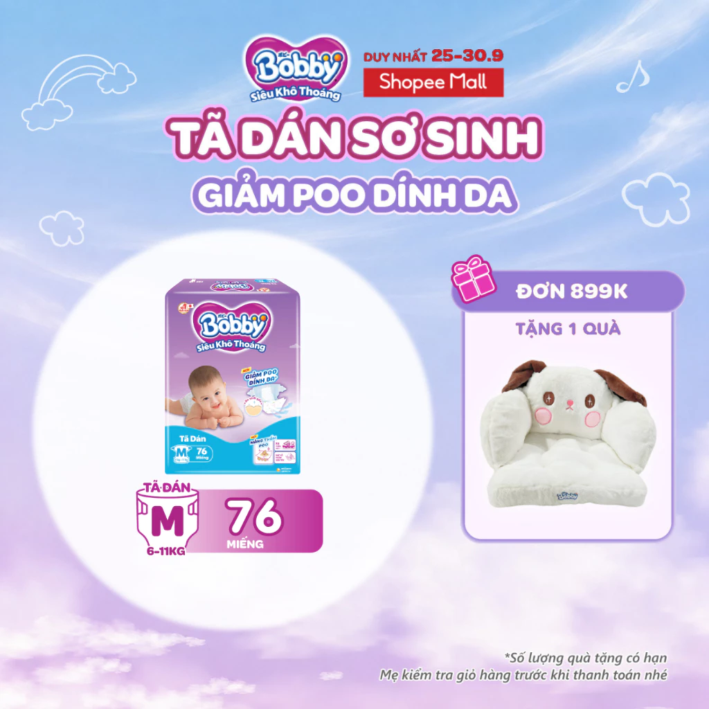 Tã dán Bobby S80/M76/L68/XL62/XXL56 Giảm Poo Dính Da