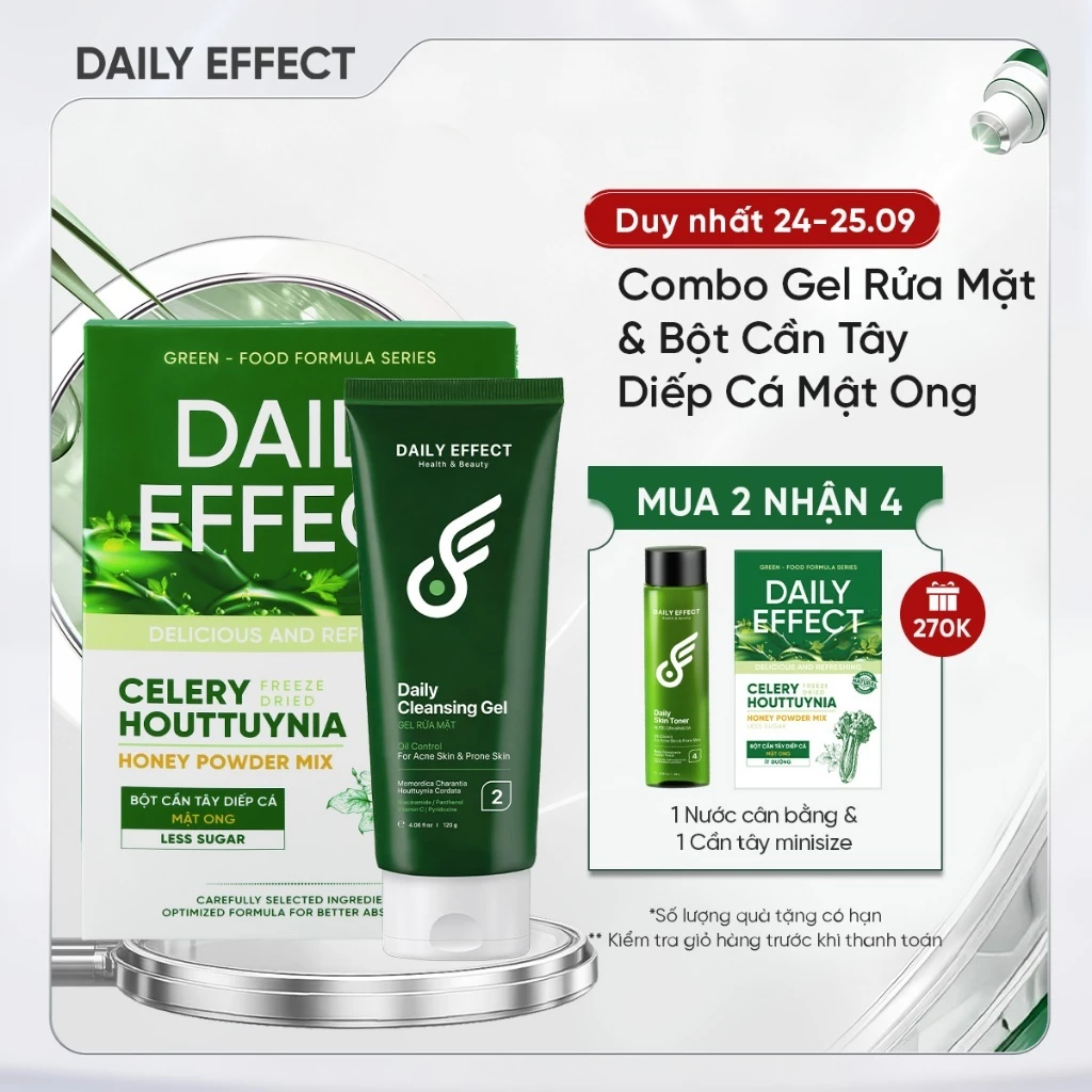 Combo Sữa Rửa Mặt + Bột Cần Tây - Diếp Cá - Mật Ong Daily Cleansing Gel + Celery Houttuynia Honey Power Mix
